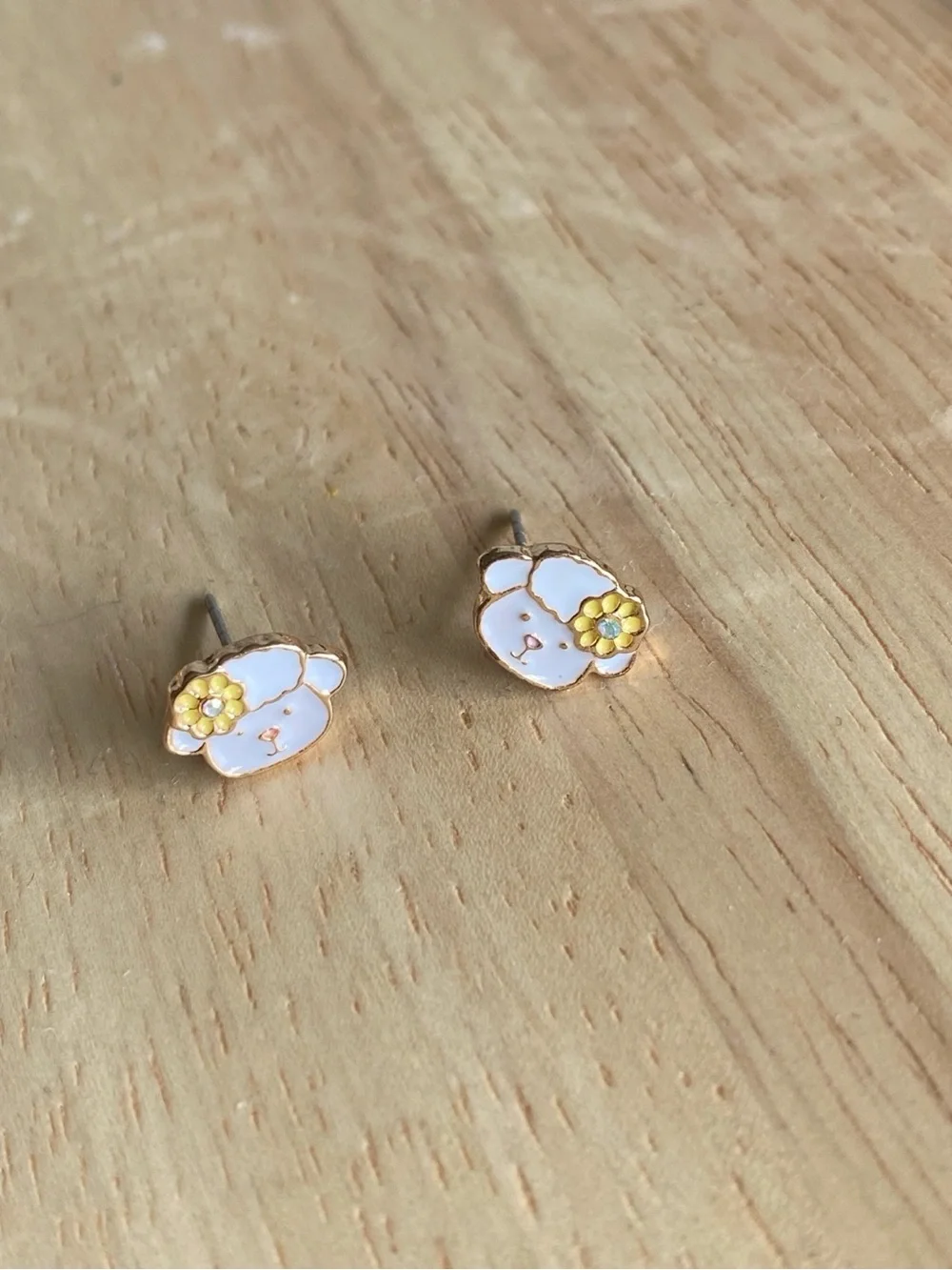 Vintage White Bear Face Stud Earrings with Gold Trim and Yellow Flower